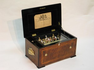  A cylinder musical box attributed to 'George Bendon'circa 1895. The six bells are struck by three automaton figures representing Japanese gentlemen. An example of how the musical box industry was trying to adapt to current fashions and changing tastes.